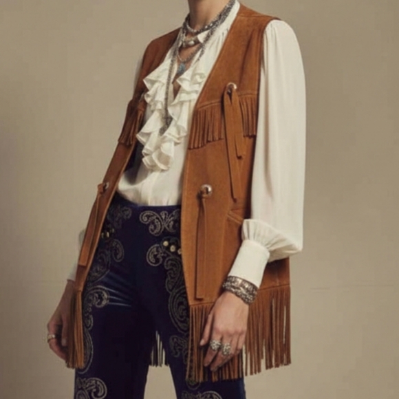 Vintage Jackets & Blazers - Vintage Leather Vest With Fringe Brown Bohemian Western Romantic 70s